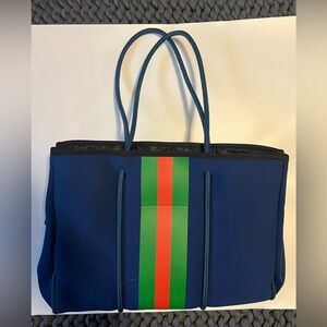 Navy Neoprene Tote Green Red Racing Stripe Bag